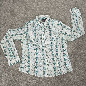 Copper Key White Button-Front Shirt with Blue & Green Floral Stripes